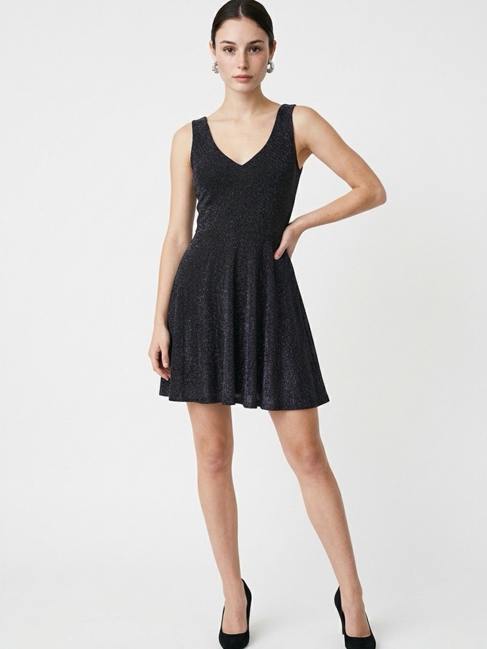 Sleeveless Shimmer V-Neck Mini Dress in Black